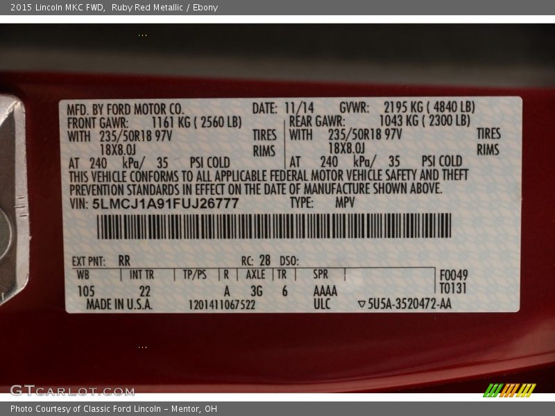 Ruby Red Metallic / Ebony 2015 Lincoln MKC FWD