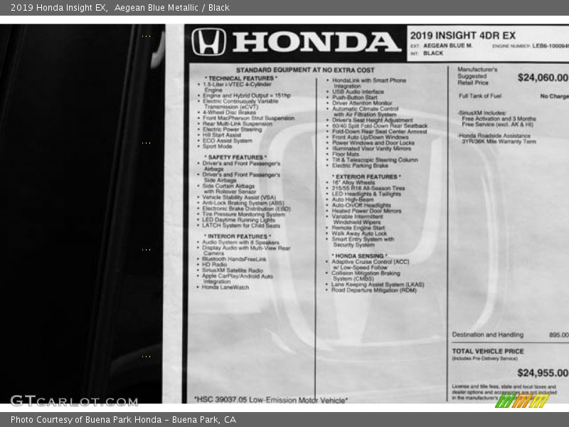 Aegean Blue Metallic / Black 2019 Honda Insight EX