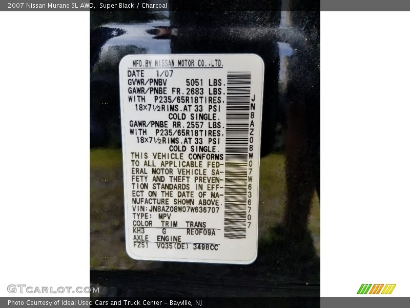 Super Black / Charcoal 2007 Nissan Murano SL AWD