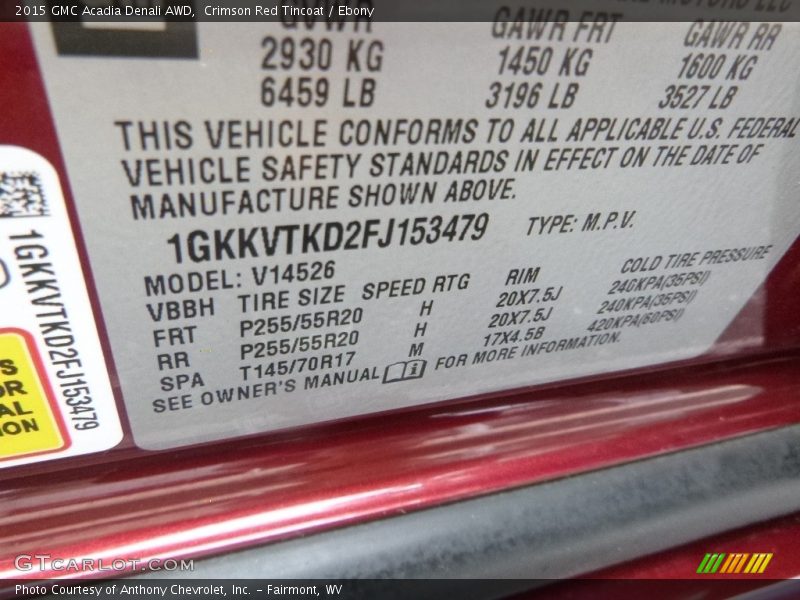 Crimson Red Tincoat / Ebony 2015 GMC Acadia Denali AWD