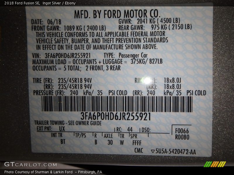 Ingot Silver / Ebony 2018 Ford Fusion SE