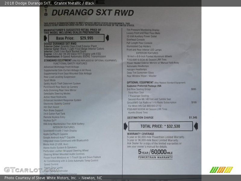 Granite Metallic / Black 2018 Dodge Durango SXT