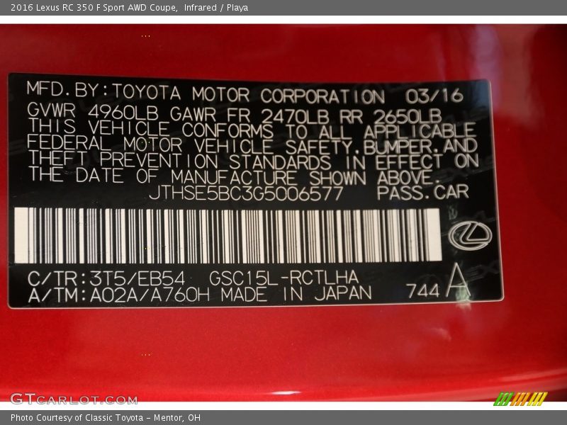 2016 RC 350 F Sport AWD Coupe Infrared Color Code 3T5