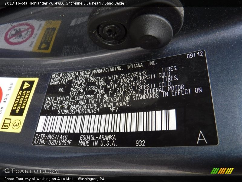 Shoreline Blue Pearl / Sand Beige 2013 Toyota Highlander V6 4WD