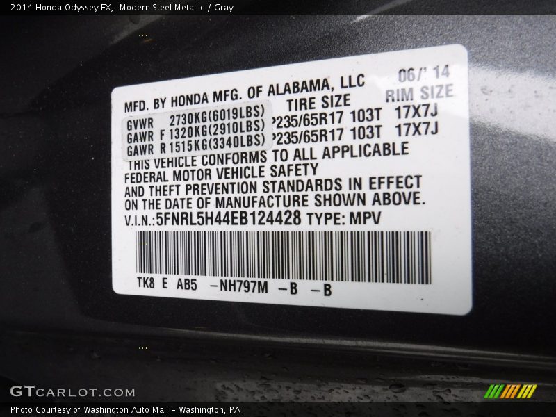 Modern Steel Metallic / Gray 2014 Honda Odyssey EX