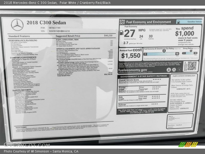 Polar White / Cranberry Red/Black 2018 Mercedes-Benz C 300 Sedan