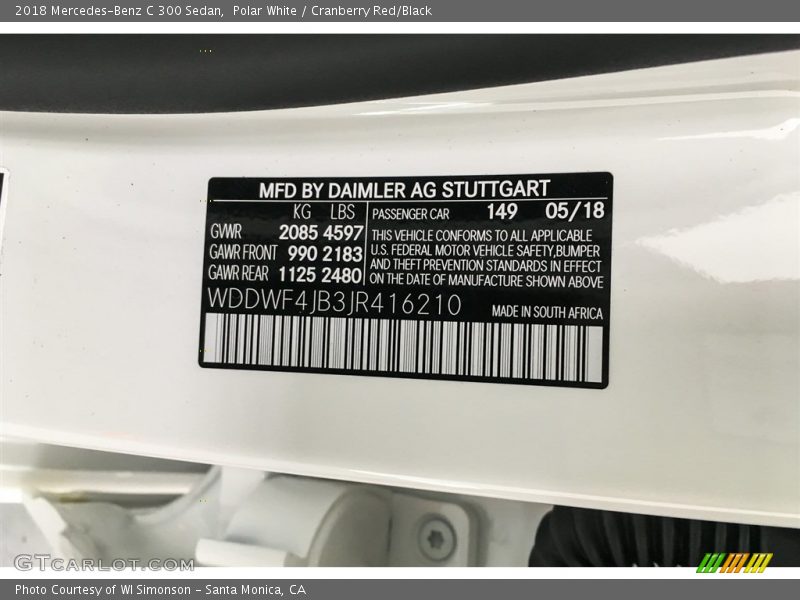 Polar White / Cranberry Red/Black 2018 Mercedes-Benz C 300 Sedan