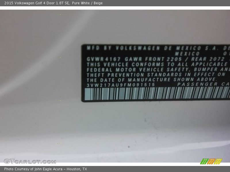 Pure White / Beige 2015 Volkswagen Golf 4 Door 1.8T SE