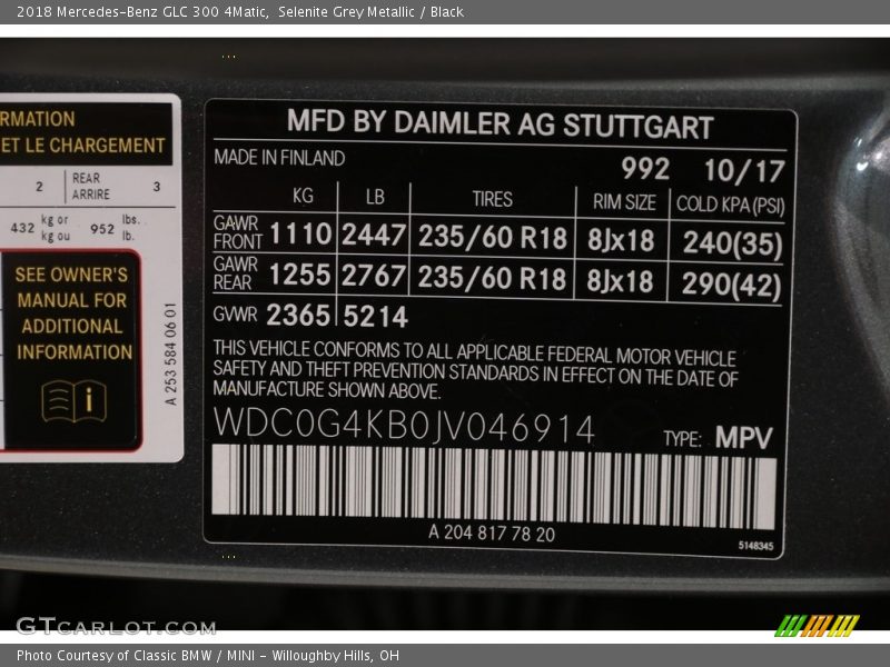 Selenite Grey Metallic / Black 2018 Mercedes-Benz GLC 300 4Matic