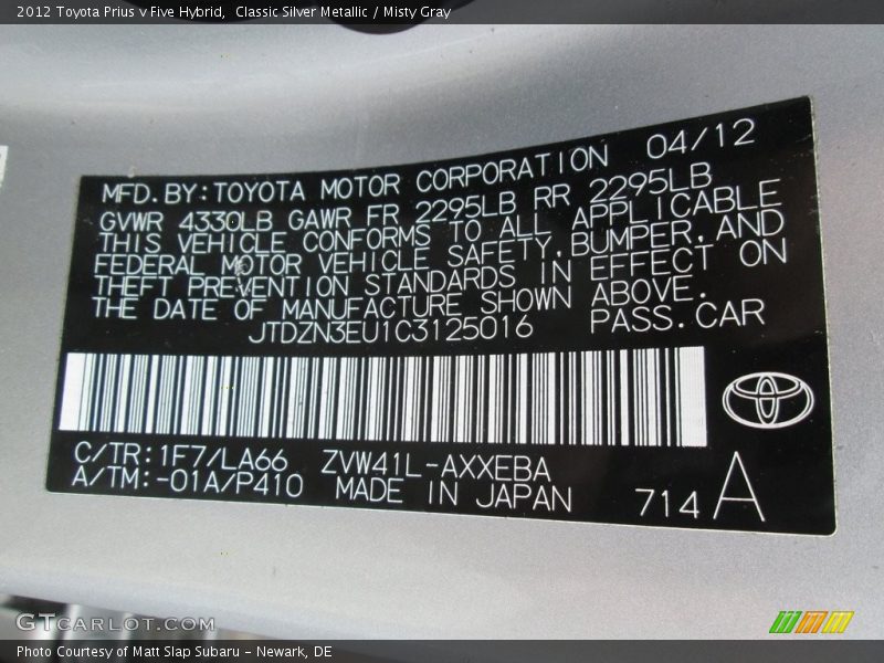 Classic Silver Metallic / Misty Gray 2012 Toyota Prius v Five Hybrid