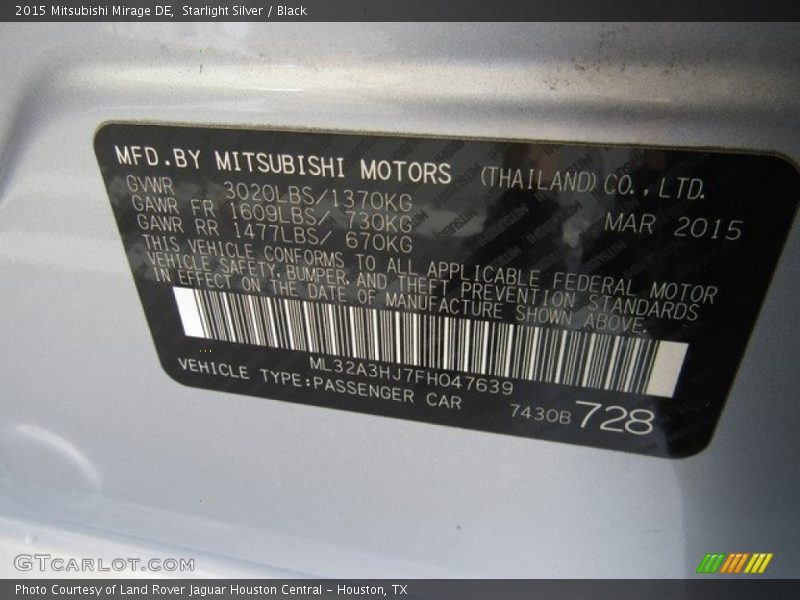 Starlight Silver / Black 2015 Mitsubishi Mirage DE
