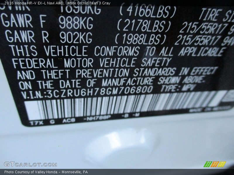 White Orchid Pearl / Gray 2016 Honda HR-V EX-L Navi AWD