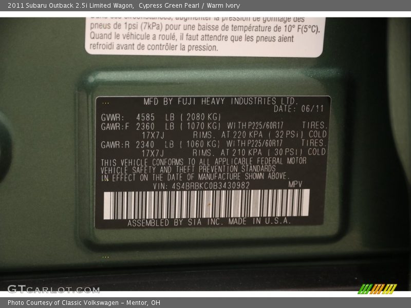 Cypress Green Pearl / Warm Ivory 2011 Subaru Outback 2.5i Limited Wagon