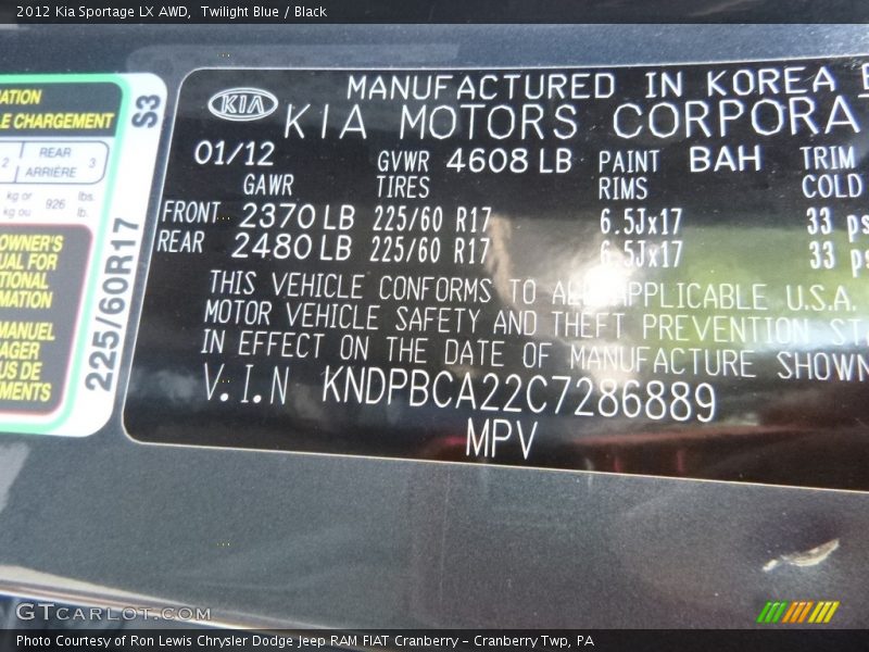Twilight Blue / Black 2012 Kia Sportage LX AWD