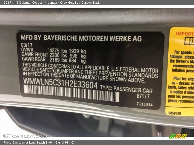 Moonwalk Grey Metallic / Carbon Black 2017 Mini Clubman Cooper