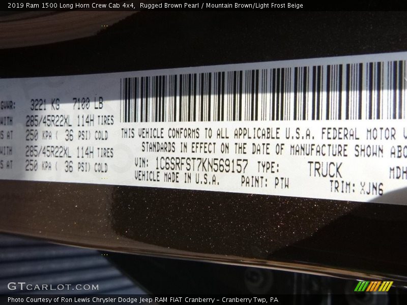 2019 1500 Long Horn Crew Cab 4x4 Rugged Brown Pearl Color Code PTW