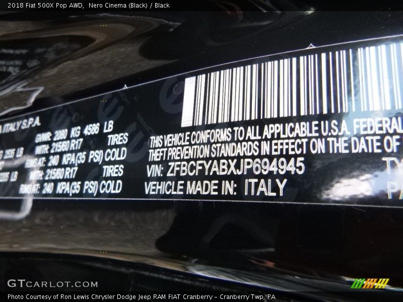 Nero Cinema (Black) / Black 2018 Fiat 500X Pop AWD