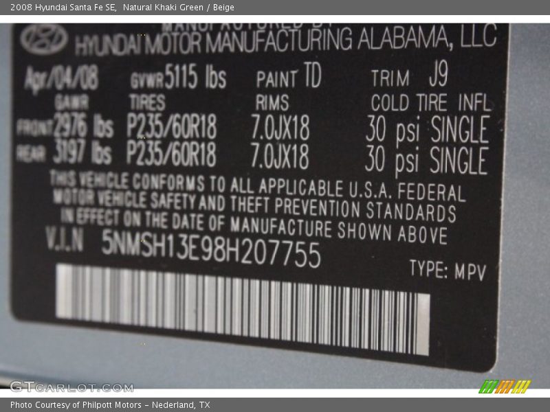 Natural Khaki Green / Beige 2008 Hyundai Santa Fe SE