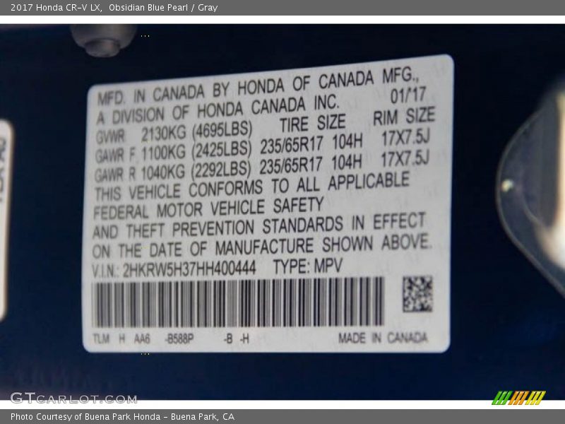 Obsidian Blue Pearl / Gray 2017 Honda CR-V LX