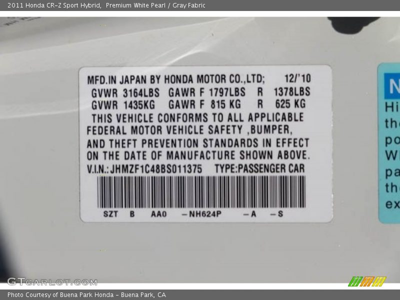 Premium White Pearl / Gray Fabric 2011 Honda CR-Z Sport Hybrid