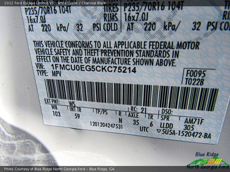 White Suede / Charcoal Black 2012 Ford Escape Limited V6