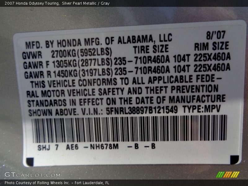 Silver Pearl Metallic / Gray 2007 Honda Odyssey Touring