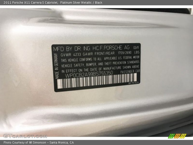 Platinum Silver Metallic / Black 2011 Porsche 911 Carrera S Cabriolet