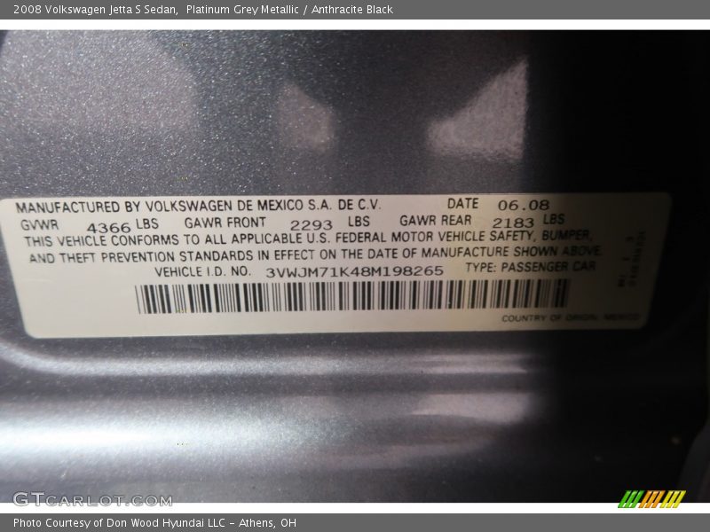 Platinum Grey Metallic / Anthracite Black 2008 Volkswagen Jetta S Sedan
