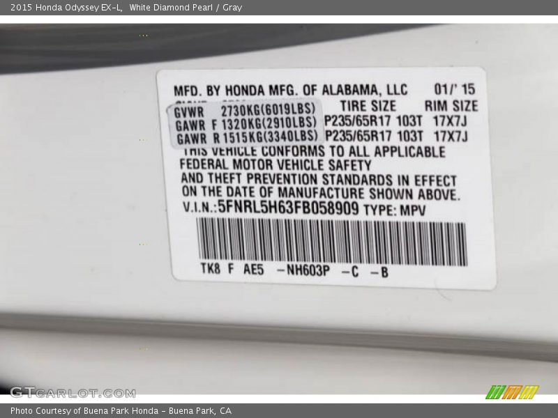 White Diamond Pearl / Gray 2015 Honda Odyssey EX-L