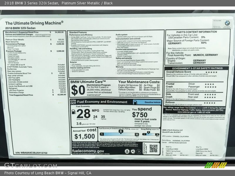 Platinum Silver Metallic / Black 2018 BMW 3 Series 320i Sedan