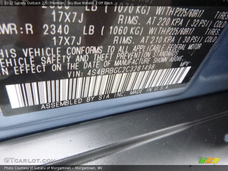 Sky Blue Metallic / Off Black 2012 Subaru Outback 2.5i Premium