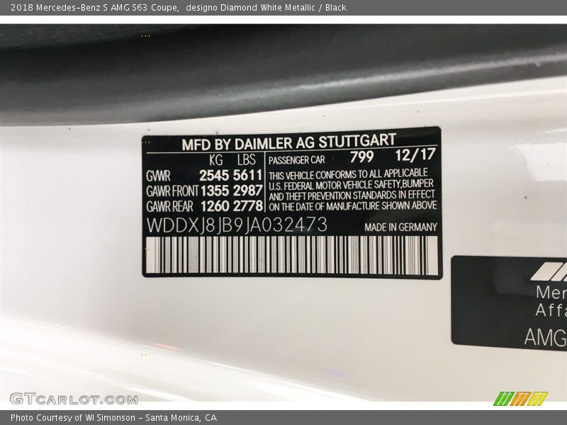 2018 S AMG S63 Coupe designo Diamond White Metallic Color Code 799