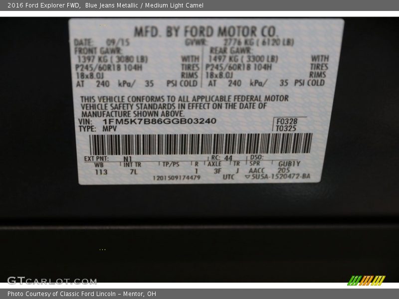 Blue Jeans Metallic / Medium Light Camel 2016 Ford Explorer FWD