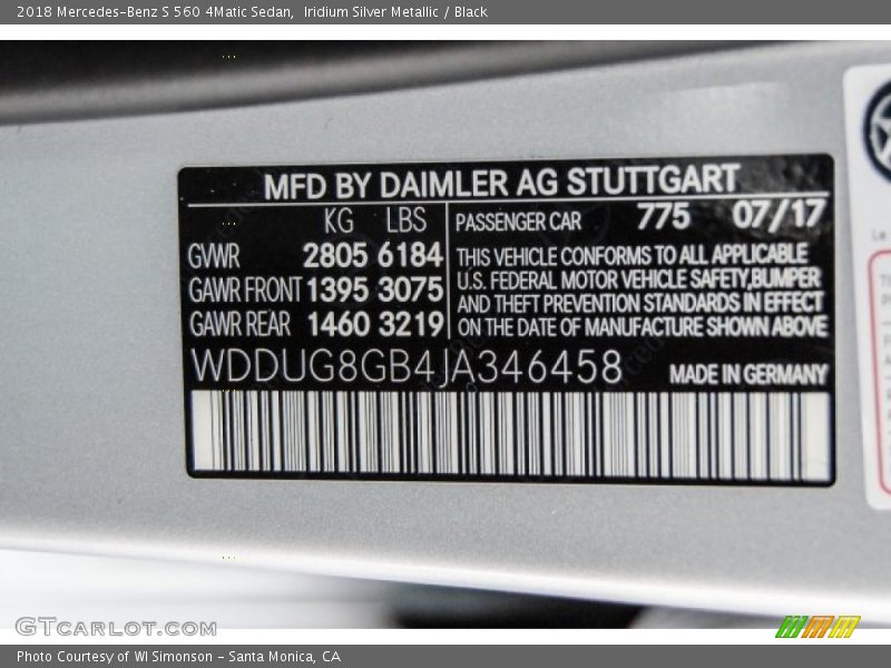 2018 S 560 4Matic Sedan Iridium Silver Metallic Color Code 775