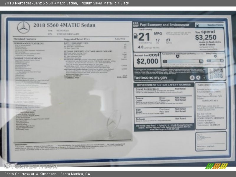  2018 S 560 4Matic Sedan Window Sticker