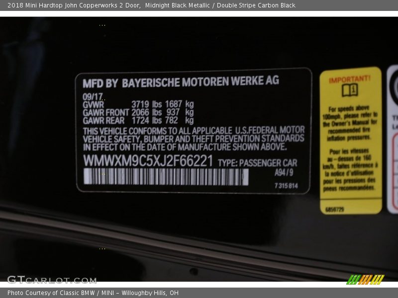 Midnight Black Metallic / Double Stripe Carbon Black 2018 Mini Hardtop John Copperworks 2 Door