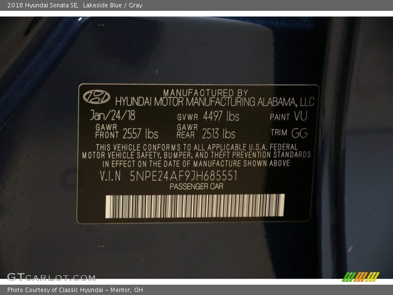 Lakeside Blue / Gray 2018 Hyundai Sonata SE