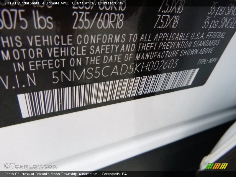 Quartz White / Espresso/Gray 2019 Hyundai Santa Fe Ultimate AWD