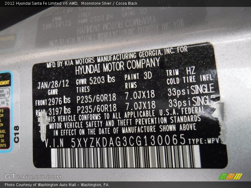 Moonstone Silver / Cocoa Black 2012 Hyundai Santa Fe Limited V6 AWD