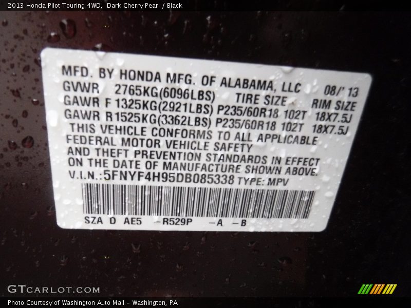 Dark Cherry Pearl / Black 2013 Honda Pilot Touring 4WD
