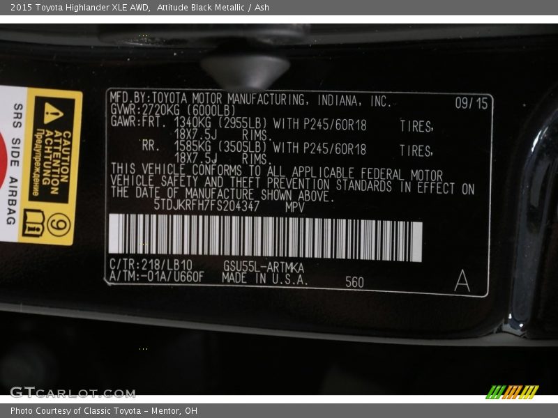 Attitude Black Metallic / Ash 2015 Toyota Highlander XLE AWD