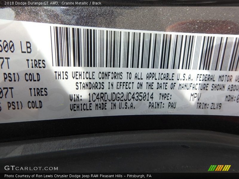Granite Metallic / Black 2018 Dodge Durango GT AWD