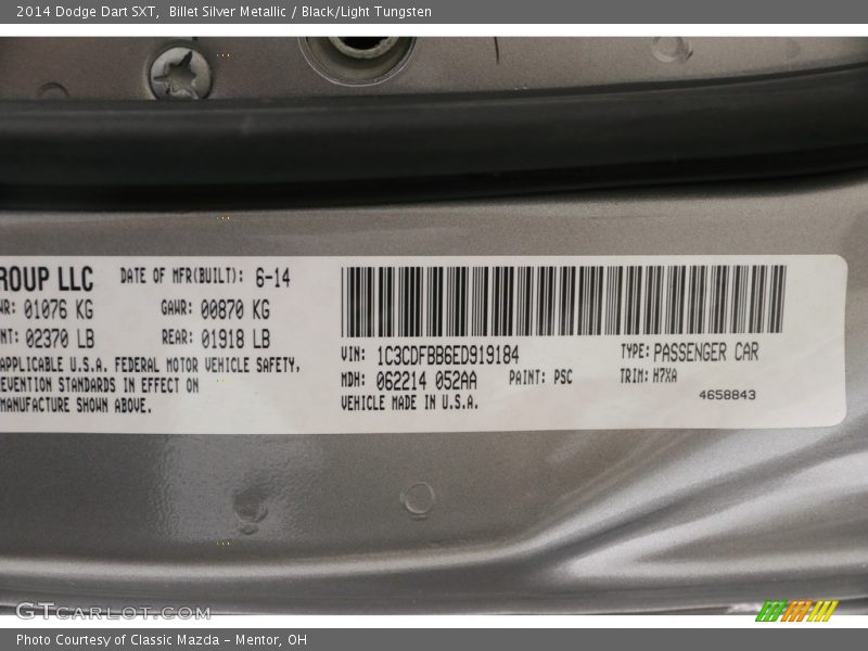 Billet Silver Metallic / Black/Light Tungsten 2014 Dodge Dart SXT