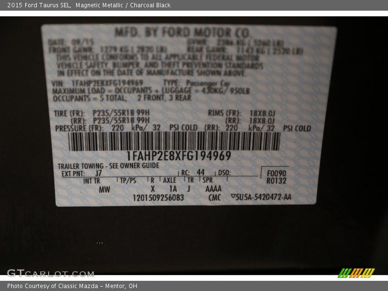 Magnetic Metallic / Charcoal Black 2015 Ford Taurus SEL