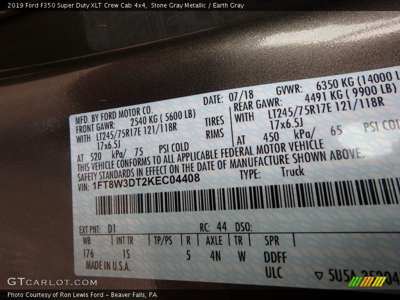 2019 F350 Super Duty XLT Crew Cab 4x4 Stone Gray Metallic Color Code D1