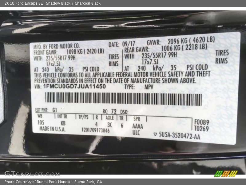 Shadow Black / Charcoal Black 2018 Ford Escape SE