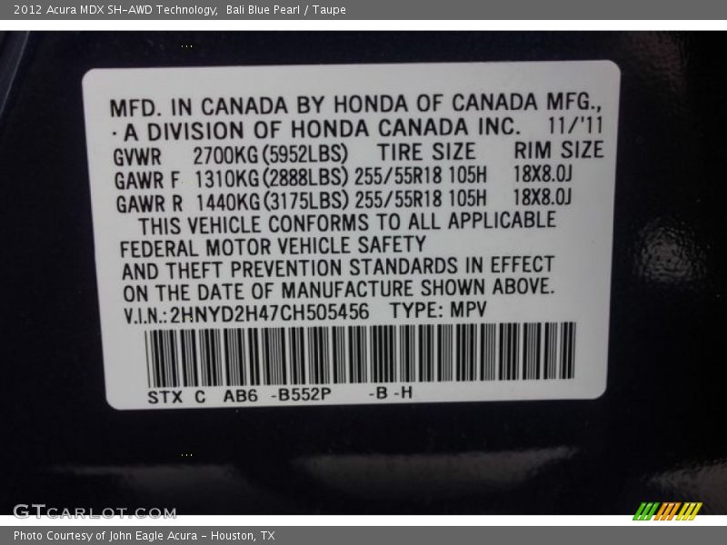 Bali Blue Pearl / Taupe 2012 Acura MDX SH-AWD Technology