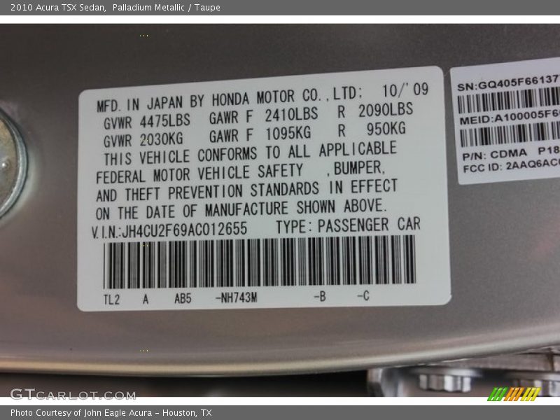 Palladium Metallic / Taupe 2010 Acura TSX Sedan