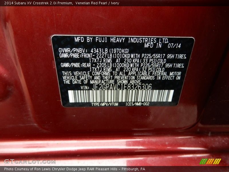 Venetian Red Pearl / Ivory 2014 Subaru XV Crosstrek 2.0i Premium