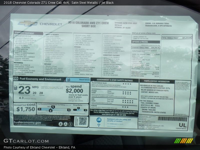 Satin Steel Metallic / Jet Black 2018 Chevrolet Colorado Z71 Crew Cab 4x4